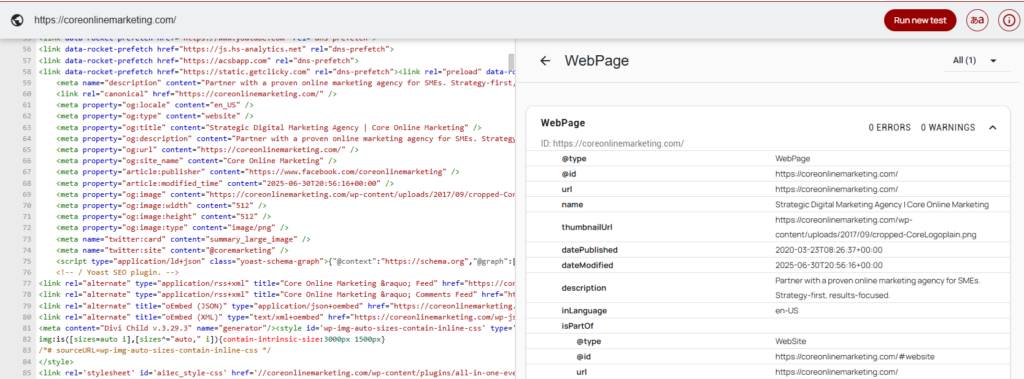 A visual of what schema markup looks like in Google Rich Results Test.