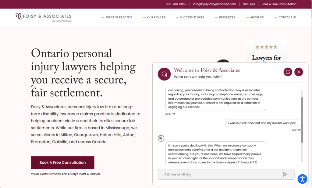 The Foisy & Associates chatbot in use.